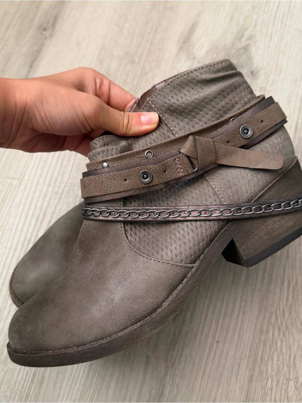 Taupe Ankle Boots with Chain & Strap Detail